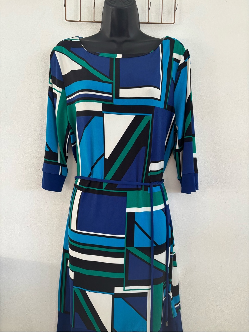 Liz Claiborne Blue & Green Geometric Midi Dress with Belt